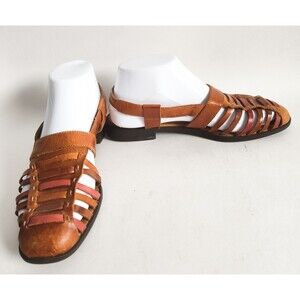 Vintage Leather Multi-Color Huaraches Slingback Sandals Flats Beach Size 7W Wide
